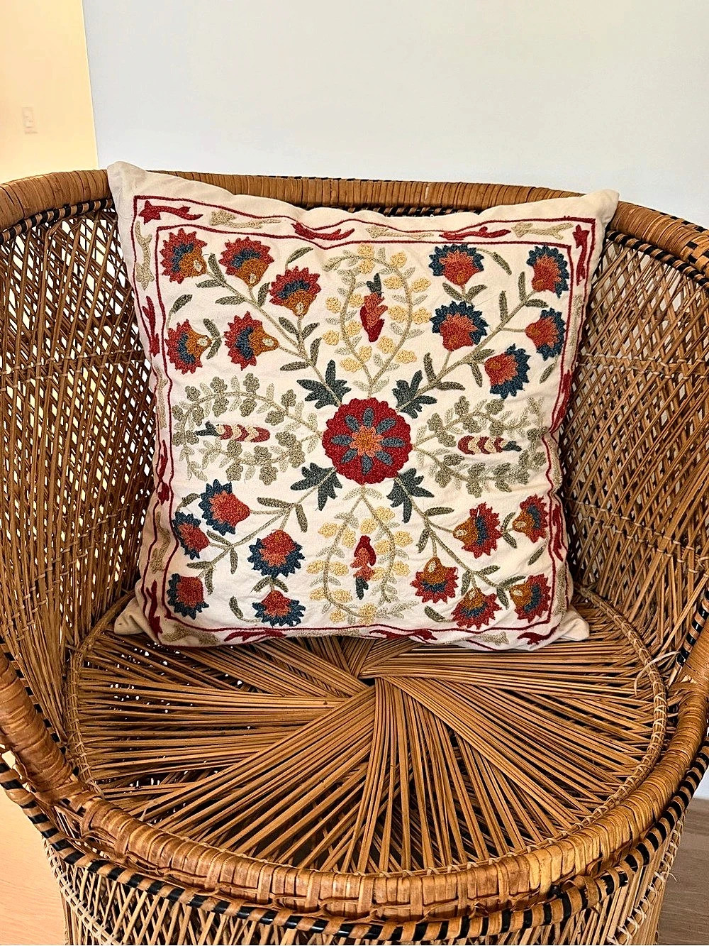 Pottery Barn Embroidered Floral Suzani Accent Pillow Covers in Cream & Red